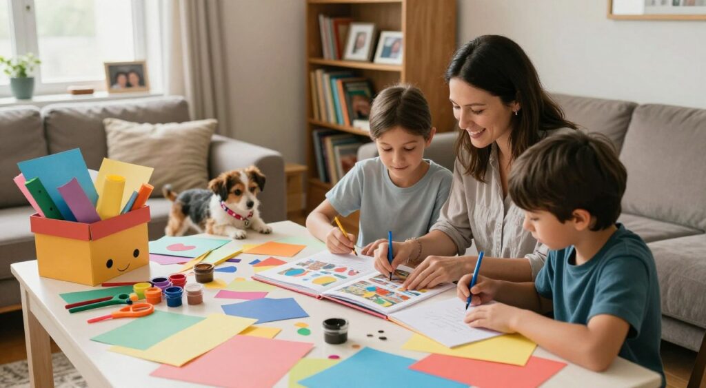 A warm and inviting family crafting scene in a cozy living room filled with colorful materials. In the foreground, a mother and her two children, aged around 8 and 10, seated around a large table covered with paints, scissors, and paper, working on a scrapbook together. The mother, wearing a modest casual shirt, smiles as she guides her kids, who are dressed in comfortable t-shirts. In the middle ground, a small dog lying by their feet observes curiously, while craft items spill out of cheerful boxes. The background features a bookshelf filled with books and framed family photos, and a window letting in soft, natural lighting that creates a joyful atmosphere. Capture this candid moment from an angle that emphasizes the interaction and creativity. A warm and inviting family crafting scene in a cozy living room filled with colorful materials. In the foreground, a mother and her two children, aged around 8 and 10, seated around a large table covered with paints, scissors, and paper, working on a scrapbook together. The mother, wearing a modest casual shirt, smiles as she guides her kids, who are dressed in comfortable t-shirts. In the middle ground, a small dog lying by their feet observes curiously, while craft items spill out of cheerful boxes. The background features a bookshelf filled with books and framed family photos, and a window letting in soft, natural lighting that creates a joyful atmosphere. Capture this candid moment from an angle that emphasizes the interaction and creativity.