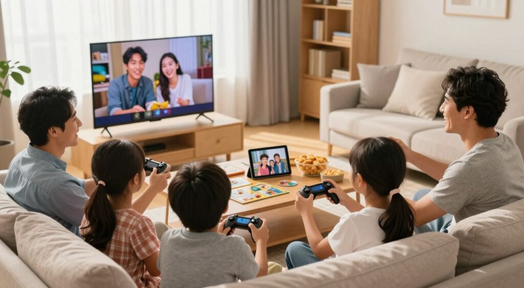 A warm and inviting living room scene featuring a family engaging in technology-balanced bonding activities. In the foreground, a diverse family, including two parents and two children, are gathered on a cozy couch, all smiling while playing a video game together on a large flat-screen TV. The middle ground showcases a coffee table scattered with board games, snacks, and a tablet displaying a family photo. In the background, soft sunlight filters through sheer curtains, illuminating the room and creating a welcoming atmosphere. The family members are dressed in comfortable, casual clothing, radiating happiness and togetherness. The camera angle is slightly elevated, capturing the joyful expressions of each family member while maintaining a sense of intimacy in the setting. The overall mood is cheerful and harmonious, emphasizing the importance of balancing modern technology with family fun. A warm and inviting living room scene featuring a family engaging in technology-balanced bonding activities. In the foreground, a diverse family, including two parents and two children, are gathered on a cozy couch, all smiling while playing a video game together on a large flat-screen TV. The middle ground showcases a coffee table scattered with board games, snacks, and a tablet displaying a family photo. In the background, soft sunlight filters through sheer curtains, illuminating the room and creating a welcoming atmosphere. The family members are dressed in comfortable, casual clothing, radiating happiness and togetherness. The camera angle is slightly elevated, capturing the joyful expressions of each family member while maintaining a sense of intimacy in the setting. The overall mood is cheerful and harmonious, emphasizing the importance of balancing modern technology with family fun.