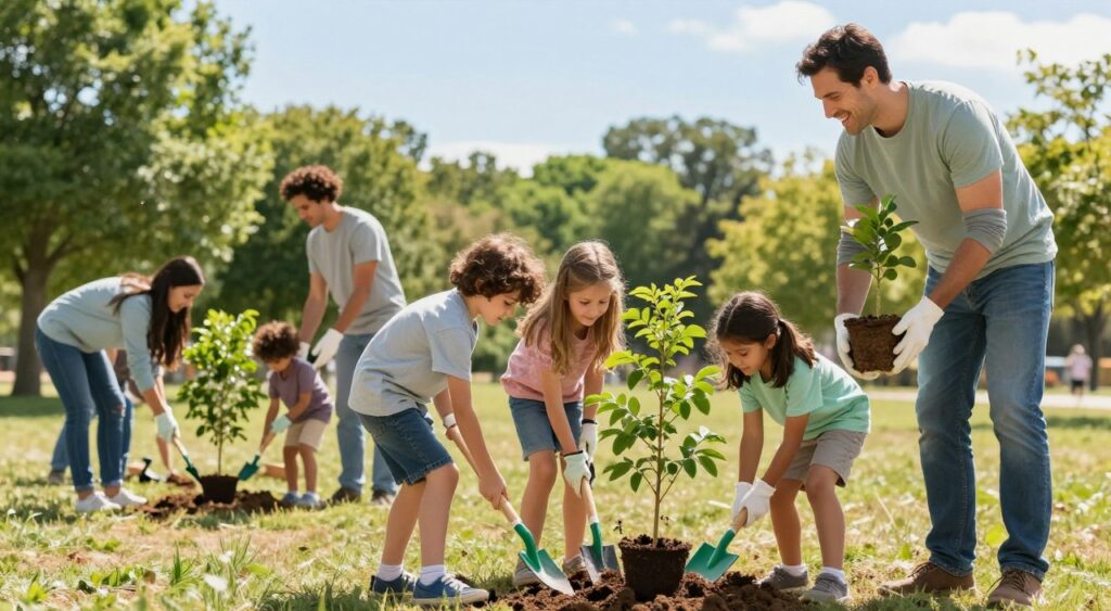 A warm and inviting scene depicting a diverse family engaging in various volunteer activities. In the foreground, a smiling family composed of parents and children, dressed in modest casual clothing, is working together to plant trees in a community park. The children, ages ranging from 6 to 12, actively dig with small shovels, while the parents assist by carrying pots of young saplings. The middle ground shows other families participating in similar activities, enhancing the sense of community. The background features lush greenery and a clear blue sky, with soft, natural lighting streaming in to create a cheerful atmosphere. The angle is slightly elevated, capturing the joy and connection among family members, emphasizing the theme of bonding through shared experiences in volunteering. A warm and inviting scene depicting a diverse family engaging in various volunteer activities. In the foreground, a smiling family composed of parents and children, dressed in modest casual clothing, is working together to plant trees in a community park. The children, ages ranging from 6 to 12, actively dig with small shovels, while the parents assist by carrying pots of young saplings. The middle ground shows other families participating in similar activities, enhancing the sense of community. The background features lush greenery and a clear blue sky, with soft, natural lighting streaming in to create a cheerful atmosphere. The angle is slightly elevated, capturing the joy and connection among family members, emphasizing the theme of bonding through shared experiences in volunteering.
