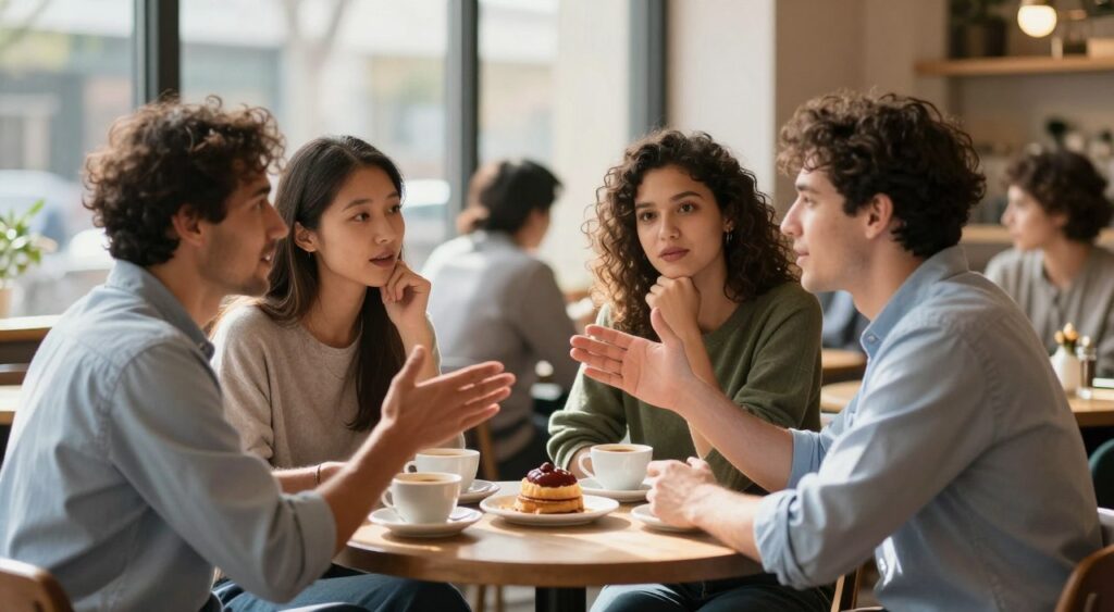 A warm, inviting café scene featuring a diverse group of four individuals engaged in an animated conversation at a small round table. In the foreground, a middle-aged man in a light blue shirt enthusiastically gestures, while a young woman in a green sweater leans in with a thoughtful expression. The middle layer showcases a cozy atmosphere with soft, diffused sunlight filtering through large windows, illuminating coffee cups and pastries on the table. In the background, blurred outlines of other café patrons add to the vibrant, social environment. The overall mood is lively yet intimate, capturing the dynamic use of the word “that” in everyday dialogue, with an emphasis on genuine connection and communication. The scene is presented with a shallow depth of field, emphasizing the engaged group in the foreground.