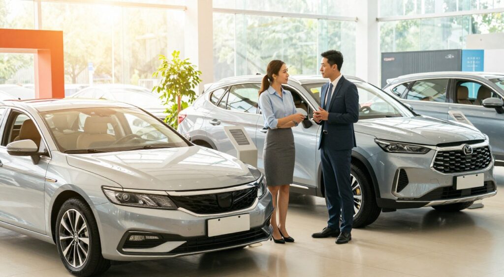 A well-dressed professional couple stands in a bright, modern car dealership, looking thoughtfully at a sleek, new sedan and a stylish SUV parked side by side in the foreground. The couple, in professional business attire, appears engaged in discussion, perhaps weighing the pros and cons of each vehicle. In the middle ground, various other cars are displayed, showcasing a range of colors and styles, with doors open to highlight their interiors. The background features large glass windows letting in natural light, illuminating the showroom with a warm, inviting glow. Soft shadows enhance the sleek shapes of the vehicles. The atmosphere feels vibrant and hopeful, encouraging visitors to consider their options seriously while exploring the latest models.