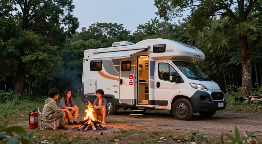A well-equipped camping car parked in a scenic, wooded campsite, featuring safety elements such as visible fire extinguishers, a first aid kit, and security locks. In the foreground, a family dressed in modest outdoor clothing discusses safety tips around a cozy campfire, casting warm, golden light onto their faces. In the middle ground, the camping car stands prominently with safety decals on its door, and camping gear neatly organized outside. The background includes tall, lush trees under a clear blue sky, creating a serene atmosphere. The image is captured with a wide-angle lens to emphasize the spaciousness, with soft natural lighting to enhance the feeling of comfort and safety in camping car travel.