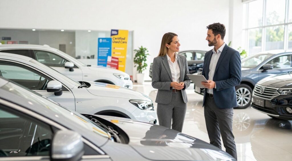 A well-lit auto dealership showcasing a selection of certified used cars in the foreground. The cars are arranged neatly, emphasizing their distinctive features and quality. In the middle ground, a diverse couple dressed in professional business attire examines a vehicle, discussing financing options with a friendly sales representative. They appear engaged and optimistic, highlighting the positive aspect of financing. The background features a bright, inviting dealership interior with colorful banners emphasizing 'Certified Used Cars' and financing deals. The scene conveys a warm and trustworthy atmosphere, with natural light streaming in through large windows, creating a sense of spaciousness and openness. The perspective is from slightly above eye level, focusing on the interaction between the couple and the representative, enhancing the sense of approachability and professionalism.