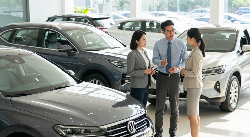 A well-lit auto dealership showroom featuring a variety of certified used cars, showcasing models in excellent condition. In the foreground, a glossy sedan and a rugged SUV are prominently displayed, reflecting their polished surfaces under bright, natural lighting. In the middle, a professional male and female salesperson, dressed in business attire, engage with a potential buyer, pointing out features while maintaining friendly expressions. The background includes rows of cars with an inviting atmosphere, with sunlight streaming through large windows, creating bright highlights. The overall mood is one of trust and confidence, emphasizing the reliability and quality of certified used cars. Capture at a slight angle to add depth, showcasing the dealership's clean and organized environment.
