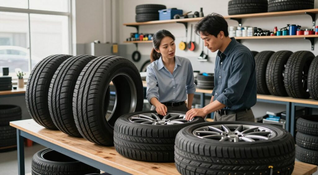 A well-lit automotive workshop scene focusing on a variety of car tires displayed on a large wooden workbench in the foreground. In the middle ground, a diverse group of two automotive experts, a woman and a man, are attentively discussing the features of the tires, comparing tread patterns and materials. Both are dressed in professional business attire, conveying expertise and authority. In the background, shelves filled with tools and automotive supplies create an organized yet dynamic atmosphere. Soft, natural lighting filters through a nearby window, casting gentle shadows and enhancing the details of the tires. The mood is informative and collaborative, capturing the essence of making informed decisions about tire selection.