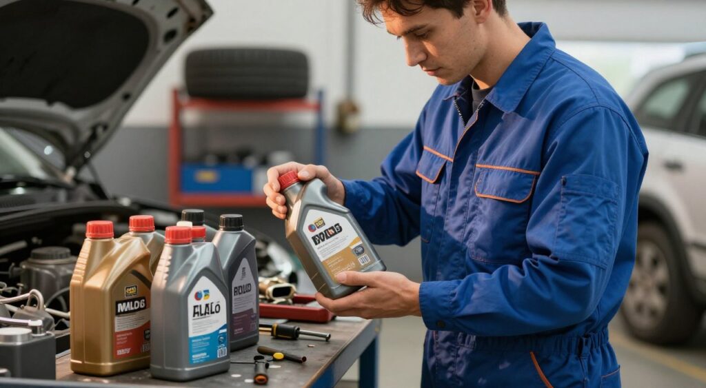A well-lit garage scene featuring a professional-looking mechanic in a blue uniform standing next to a vehicle, attentively examining various oil containers on a workbench. The mechanic holds a bottle of high-quality motor oil, with clear labels indicating viscosity ratings and specifications. In the background, tools and equipment are neatly arranged, and a tire rack is visible, creating an authentic automotive atmosphere. Warm lighting casts soft shadows, highlighting the mechanic's focused expression as they carefully consider the right oil for different types of vehicles. The scene conveys a mood of professionalism, reliability, and expertise, perfect for illustrating the process of selecting the appropriate motor oil. The angle captures the mechanic's upper body and the workbench prominently, ensuring clarity of focus.