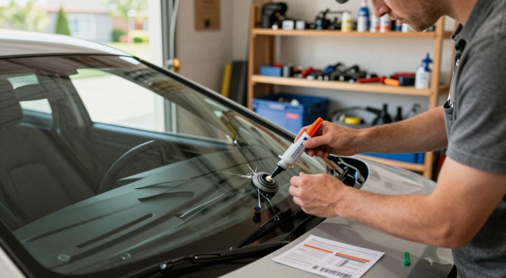 A well-lit garage workshop scene showcasing a hands-on DIY windshield repair process. In the foreground, a skilled individual in modest casual clothing carefully applies a windshield repair kit, focusing intently on a small crack in a car windshield. Tools like a small suction cup, resin injector, and instructions are neatly arranged on the workbench beside them. In the middle ground, an open garage door reveals a sunny driveway, hinting at a suburban setting. The background features shelves stocked with various car maintenance tools and products, conveying a sense of organization and preparedness. The overall mood is practical and informative, emphasizing the DIY aspect of windshield repair while capturing the determination of the individual. Soft, natural lighting illuminates the scene, enhancing the clarity of the repair process.
