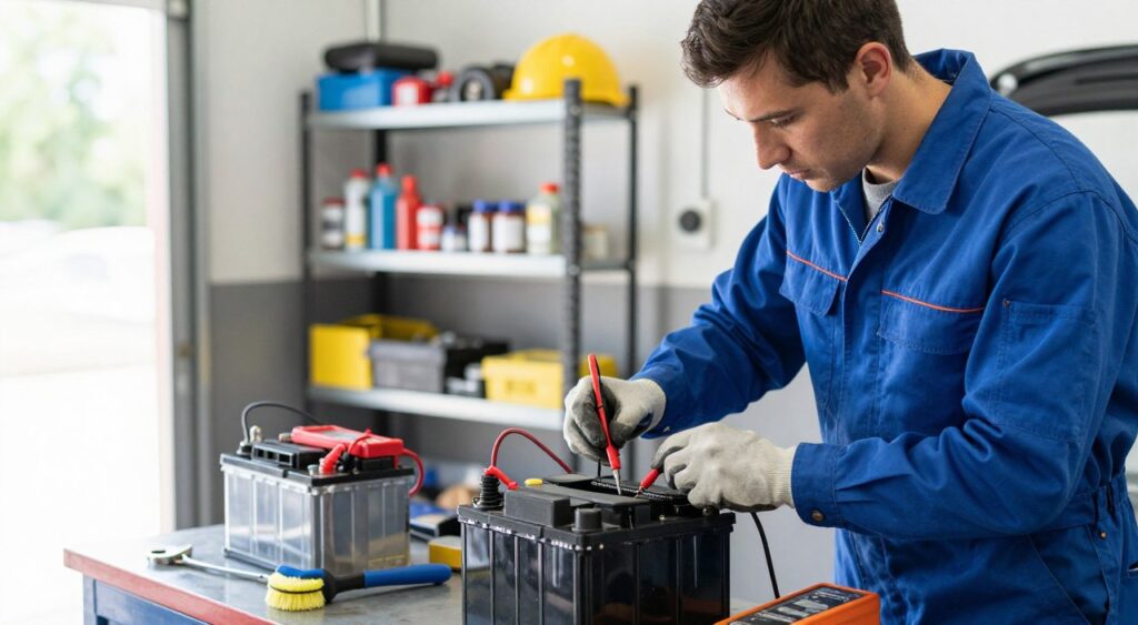 A well-lit workshop scene focusing on car battery maintenance. In the foreground, a mechanic wearing a blue jumpsuit and gloves is inspecting a car battery, using a multimeter to measure voltage with a focused expression. The battery is placed on a workbench, surrounded by tools like wrenches and a cleaning brush. In the middle ground, there are shelves filled with automotive supplies and safety gear, emphasizing a professional atmosphere. The background shows a partially open garage door, letting in natural light, creating a bright and inviting environment. The overall mood is practical and informative, perfect for conveying essential tips on car battery maintenance. Use a sharp focus on the mechanic and battery, with a slightly blurred background for depth.