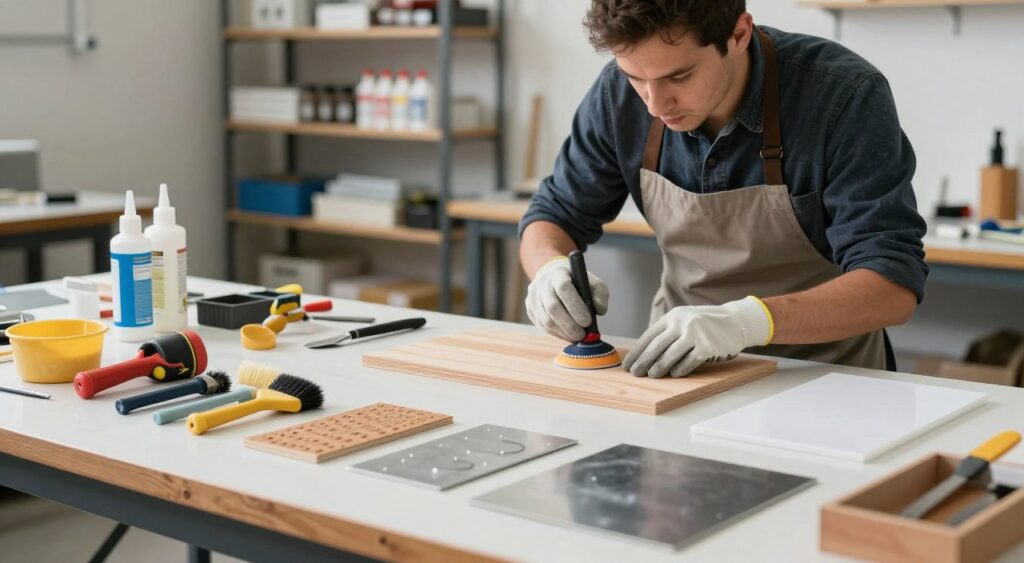 A well-lit workshop setting focused on surface preparation for adhesive bonding. In the foreground, a clean workbench is adorned with various tools like sanders, scrapers, and brushes, positioned neatly alongside prepared surfaces made of wood, metal, and plastic, showcasing different textures. In the middle ground, a professional wearing a safety apron and gloves demonstrates the sanding process on a wooden surface, their expression focused and intent. The background features shelves filled with adhesive products and safety equipment, creating a sense of an organized and professional workspace. Soft, diffused lighting highlights the surfaces’ details, while a slight depth of field emphasizes the subject's activity. Overall, the atmosphere conveys a sense of diligence, preparation, and care central to effective bonding.