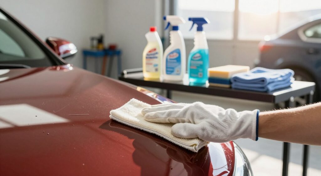 A well-maintained car gleaming under soft morning sunlight, showcasing a rich, glossy paint finish. In the foreground, a close-up of a hand wearing a soft microfiber glove gently applying wax to a section of the car’s surface, highlighting the careful attention to detail in paint maintenance. The middle ground features an array of high-quality car care products—polish, clay bars, and microfiber towels—neatly arranged on a sleek automotive workbench. The background subtly displays a clean, spacious garage with tools and a soft-focus effect, creating a serene and professional atmosphere. The lighting is bright yet soft, accentuating the shine of the car and creating an inviting mood that encourages viewers to take pride in their vehicle’s appearance.