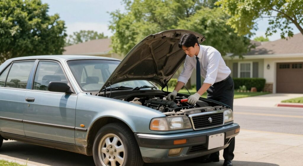 A well-maintained yet slightly aged car sits prominently in the foreground on a driveway, showcasing a shiny exterior with hints of minor wear, such as faded paint and small scratches. In the middle ground, a professional in business attire is examining the engine with focused attention, holding tools and wearing gloves, symbolizing the concept of car maintenance. The background features a suburban setting with lush green trees and a clear blue sky, creating a tranquil and optimistic atmosphere. Soft, natural sunlight illuminates the scene, enhancing the car's details and casting gentle shadows. The overall mood reflects a sense of care and effort in maintaining value, emphasizing practical steps to rejuvenate a depreciated vehicle.