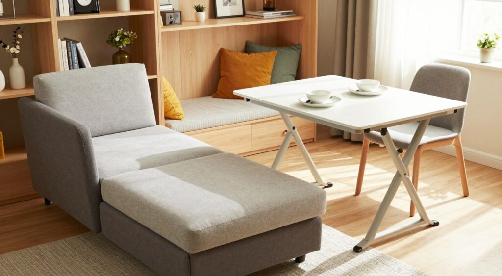 A well-organized and stylish living room featuring an array of compact furniture pieces. In the foreground, focus on a multi-functional sofa bed, elegantly folded to showcase its seating and sleeping capabilities. A sleek, collapsible dining table is set with minimalist dishware, demonstrating its space-saving design. In the middle ground, a cozy nook offers a chair with built-in storage, surrounded by colorful throw pillows, highlighting the importance of comfort in compact living. The background shows strategically placed shelves filled with decorative items, utilizing vertical space effectively. Soft, natural light streams in through a window, creating a warm, inviting atmosphere. The lens captures a slightly elevated angle, emphasizing the clever arrangement of furniture, making the space appear both functional and stylish.