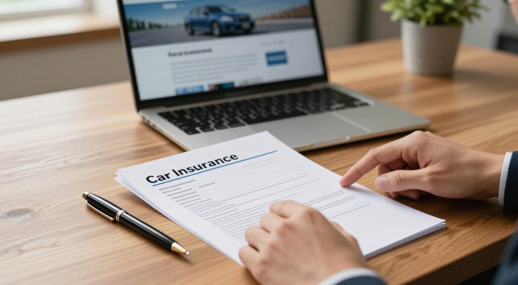 A well-organized car insurance policy document lying flat on a polished wooden desk, with a stylish pen placed next to it. In the foreground, a pair of hands in professional business attire are pointing at the policy's key details. In the middle background, a laptop screen displays a website comparing car insurance options, subtly indicating research in progress. The soft, natural light from a nearby window casts gentle shadows, creating a warm and inviting atmosphere, while the depth of field blurs the office decor, keeping the focus on the policy document. The overall mood is informative and focused, encapsulating the essence of understanding car insurance policies. A well-organized car insurance policy document lying flat on a polished wooden desk, with a stylish pen placed next to it. In the foreground, a pair of hands in professional business attire are pointing at the policy's key details. In the middle background, a laptop screen displays a website comparing car insurance options, subtly indicating research in progress. The soft, natural light from a nearby window casts gentle shadows, creating a warm and inviting atmosphere, while the depth of field blurs the office decor, keeping the focus on the policy document. The overall mood is informative and focused, encapsulating the essence of understanding car insurance policies.