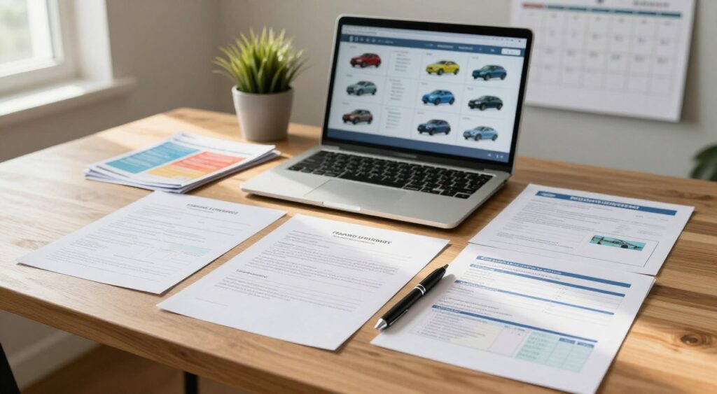 A well-organized desk scene featuring a collection of car purchase documents, including invoices, financing agreements, and vehicle registration forms, neatly arranged on a wooden surface. In the foreground, a stylish black pen rests atop a completed document. In the middle, a laptop displays a detailed comparison of different car models, with a few colorful brochures fanned out nearby. The background reveals a softly lit room with a wall-mounted calendar and a potted plant, contributing to a warm, inviting atmosphere. Soft natural light streams in from a nearby window, casting gentle shadows and creating an approachable, professional mood. Capture the essence of preparation and organization for potential car buyers.