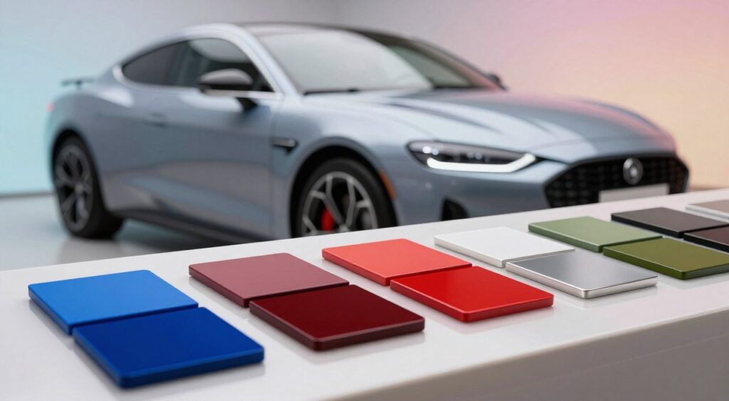 A well-organized display of various car paint color options, showcasing a sleek automotive aesthetic. In the foreground, paint samples arranged on a glossy surface, featuring a spectrum of vibrant colors like deep sapphire blue, bright cherry red, metallic silver, and earthy olive green. The middle ground displays an elegant luxury car, partially wrapped in a soft light, reflecting the available colors with a highly polished finish. The background should have a subtle gradient of soft pastel hues to enhance the overall atmosphere, with a soft focus effect to keep the attention on the car and paint samples. The scene is softly illuminated, mimicking a stylish showroom ambiance, evoking a sense of innovation and elegance. The angle should capture both the car and the paint samples in an engaging, artistic perspective.
