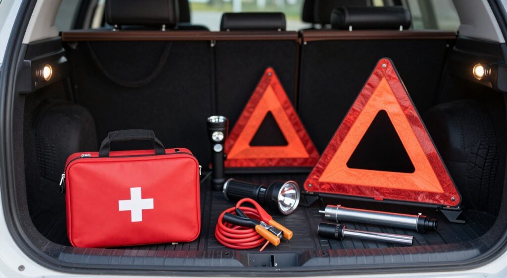 A well-organized emergency car kit displayed in a car trunk, foreground featuring a bright red first-aid kit, a set of jumper cables, and a compact tire inflator. In the middle, a sturdy flashlight, reflective warning triangle, and a multi-tool can be seen, all neatly arranged on a dark rubber mat. The background should show the interior of a vehicle with organized compartments and a soft glowing light coming from the trunk, enhancing the mood of preparedness and reliability. The scene is captured with a shallow depth of field to emphasize the kit contents, and the overall atmosphere conveys a sense of safety and readiness for any automotive emergency. A well-organized emergency car kit displayed in a car trunk, foreground featuring a bright red first-aid kit, a set of jumper cables, and a compact tire inflator. In the middle, a sturdy flashlight, reflective warning triangle, and a multi-tool can be seen, all neatly arranged on a dark rubber mat. The background should show the interior of a vehicle with organized compartments and a soft glowing light coming from the trunk, enhancing the mood of preparedness and reliability. The scene is captured with a shallow depth of field to emphasize the kit contents, and the overall atmosphere conveys a sense of safety and readiness for any automotive emergency.