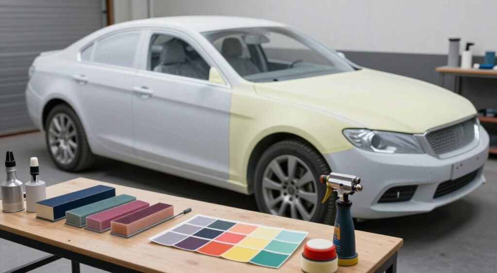 A well-organized garage setting serves as the backdrop, showcasing a beautifully prepared car ready for a fresh paint job. In the foreground, tools such as sanders, paint sprayers, and polishing equipment are neatly arranged, emphasizing the meticulous preparation process. The middle ground features the car itself, elegantly positioned with areas partially masked, revealing freshly sanded surfaces and vibrant paint swatches. Soft, diffused lighting illuminates the scene, creating a professional atmosphere. A slight overhead angle captures the intricate details of the car's bodywork, while the ambient environment suggests a productive workshop vibe. The mood is one of excitement and anticipation, reflecting the transformative journey of car painting techniques.