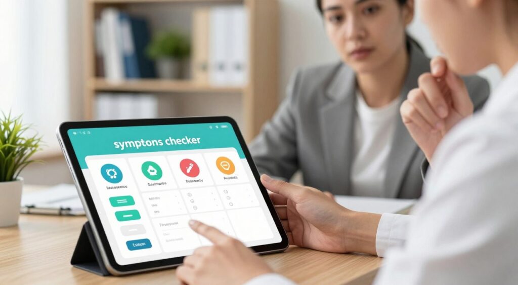 A well-organized medical office setting with a close-up view of a digital "symptoms checker" displayed on a sleek tablet in the foreground. The tablet screen shows an interactive interface with colorful icons and symptom categories. In the middle ground, a professional-looking person in business attire is thoughtfully examining the tablet, displaying an expression of curiosity. Soft, natural lighting illuminates the scene, creating a warm and inviting atmosphere. In the background, shelves filled with medical books and a potted plant enhance the professional setting. The overall mood is informative and supportive, emphasizing the accessibility of self-diagnosis tools in a modern healthcare environment.