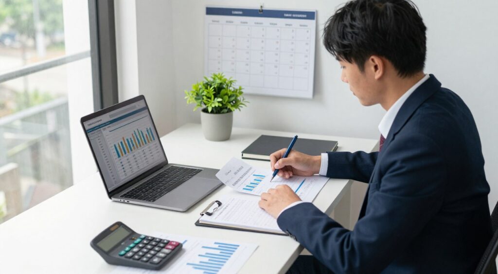 A well-organized office setting with a focused individual in professional business attire seated at a desk covered with financial documents, charts, and a laptop displaying budgeting software. The foreground features a calculator and a notepad filled with notes. In the middle ground, a wall calendar highlighting important finance dates and a potted plant add a touch of life to the space. The background shows a large window with natural light streaming in, casting soft shadows that create an inviting atmosphere. The mood is one of concentration and determination, reflecting effective budgeting strategies for navigating expensive financing. The scene should be well-lit, showcasing an environment conducive to productivity, captured from a slightly elevated angle to emphasize the workspace.