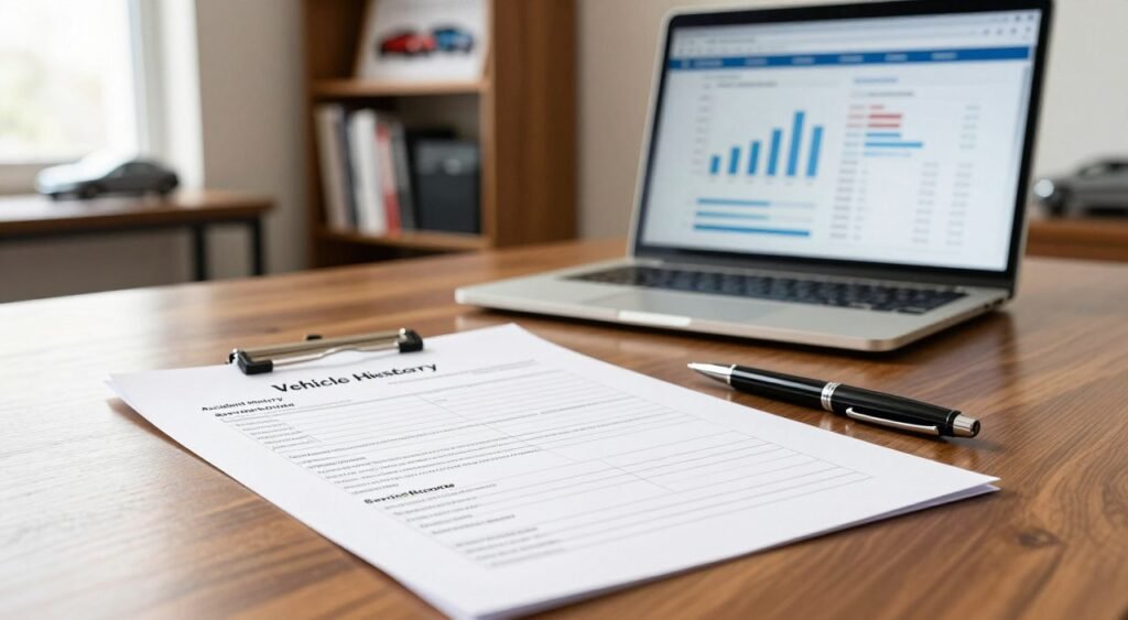 A well-organized vehicle history report laid out on a sleek, polished wooden desk, with a professional-looking pen beside it. The foreground features a clear view of the report, showcasing sections like accident history, service records, and ownership details. In the middle ground, a slightly blurred laptop screen displays graphs and statistics related to vehicle valuations. The background is a softly lit office space with shelves containing automobile-related literature and a framed picture of cars. The overall mood is professional and informative, illuminated with soft, natural lighting filtering through a nearby window. The image captures an atmosphere of trust and diligence, ideal for managing important vehicle information.