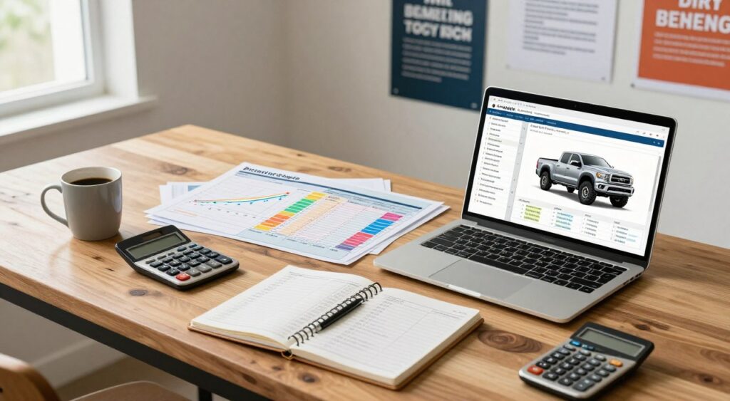 A well-organized workspace featuring a detailed budgeting plan for purchasing a pickup truck. In the foreground, a large wooden table displays an open laptop, a notepad filled with calculations, and a calculator beside a coffee mug. In the middle ground, a detailed graph and color-coded budget sheet showcase potential expenses for different truck models. On the background wall, motivational posters about financial planning are present, adding a professional touch. The lighting is bright and inviting, coming from a nearby window, creating a warm atmosphere. Capture the scene from a slightly elevated angle to provide clarity and depth, evoking a sense of focus and ambition in the budgeting process. The overall mood should be professional and encouraging, perfect for aspiring truck buyers.