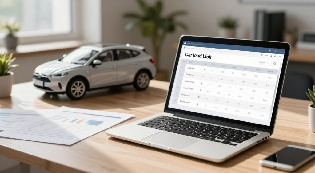 A well-organized workspace featuring a sleek car loan calculator interface on a modern laptop, positioned prominently in the foreground. Surrounding the laptop, there are scattered documents with car specifications and financial graphs, enhancing the theme of budgeting. In the middle ground, a stylish, compact car model is displayed on a desk, symbolizing the target purchase. The background includes a soft-focus view of a cozy office with neutral tones and plants, creating a calm, professional atmosphere. Natural light streams in from a window, casting gentle shadows and highlighting the calculator’s screen. The mood is one of focus and clarity, inviting viewers to engage with the concept of planning for a car loan. A well-organized workspace featuring a sleek car loan calculator interface on a modern laptop, positioned prominently in the foreground. Surrounding the laptop, there are scattered documents with car specifications and financial graphs, enhancing the theme of budgeting. In the middle ground, a stylish, compact car model is displayed on a desk, symbolizing the target purchase. The background includes a soft-focus view of a cozy office with neutral tones and plants, creating a calm, professional atmosphere. Natural light streams in from a window, casting gentle shadows and highlighting the calculator’s screen. The mood is one of focus and clarity, inviting viewers to engage with the concept of planning for a car loan.