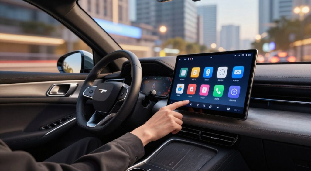 An advanced car infotainment system displayed prominently in the foreground, featuring a sleek touchscreen interface with vibrant app icons and real-time navigation. The system is embedded within a modern dashboard styled with premium materials like leather and brushed metal. In the middle ground, a well-dressed driver interacts with the system, demonstrating user-friendly controls. The background features a panoramic view of a dynamic cityscape, showcasing glowing lights and blurred motion, emphasizing the sense of driving. Soft, natural lighting filters into the car, creating a warm and inviting atmosphere. The angle is slightly low, providing a dramatic perspective that highlights the technology's sophistication and enhances the luxurious feel of the driving experience.