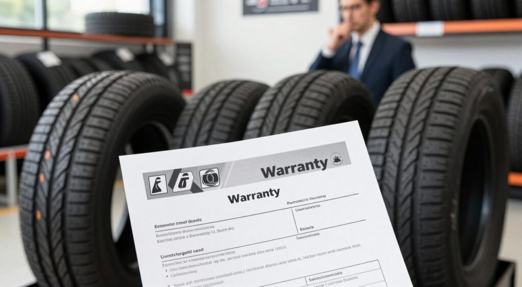An artistic representation of a tire warranty document prominently displayed in the foreground, featuring a detailed, official-looking warranty certificate with tire-related motifs, prominently showcasing symbols of durability and protection. In the middle ground, several high-quality tires arranged stylishly, varying in tread patterns and sizes to indicate diversity and choice, with a blurred figure of a professional in business attire examining the tires thoughtfully. The background features a well-lit tire store or automotive workshop ambiance, with shelves of tires and tools subtly out of focus. Soft, natural lighting filters in, giving a clean and informative mood, while conveying the reliability and assurance of a good tire warranty, perfect for a car enthusiast's decision-making process. An artistic representation of a tire warranty document prominently displayed in the foreground, featuring a detailed, official-looking warranty certificate with tire-related motifs, prominently showcasing symbols of durability and protection. In the middle ground, several high-quality tires arranged stylishly, varying in tread patterns and sizes to indicate diversity and choice, with a blurred figure of a professional in business attire examining the tires thoughtfully. The background features a well-lit tire store or automotive workshop ambiance, with shelves of tires and tools subtly out of focus. Soft, natural lighting filters in, giving a clean and informative mood, while conveying the reliability and assurance of a good tire warranty, perfect for a car enthusiast's decision-making process.
