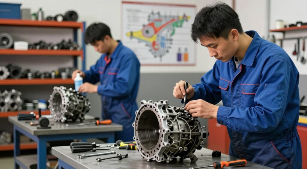 An auto mechanic in a well-lit garage, focused on a car transmission repair. In the foreground, the mechanic, dressed in a blue work uniform, is inspecting and disassembling a complex gearbox on a workbench, surrounded by tools like wrenches and screwdrivers. In the middle ground, another mechanic is cleaning transmission parts with a solvent, showcasing teamwork in the repair process. The background features shelves filled with automotive parts and a large wall-mounted chart detailing the transmission anatomy. Soft, warm lighting enhances the industrious atmosphere, emphasizing the depth of field to create a sense of focus on the intricate work being done. The environment is realistic, embodying a professional garage setting. An auto mechanic in a well-lit garage, focused on a car transmission repair. In the foreground, the mechanic, dressed in a blue work uniform, is inspecting and disassembling a complex gearbox on a workbench, surrounded by tools like wrenches and screwdrivers. In the middle ground, another mechanic is cleaning transmission parts with a solvent, showcasing teamwork in the repair process. The background features shelves filled with automotive parts and a large wall-mounted chart detailing the transmission anatomy. Soft, warm lighting enhances the industrious atmosphere, emphasizing the depth of field to create a sense of focus on the intricate work being done. The environment is realistic, embodying a professional garage setting.