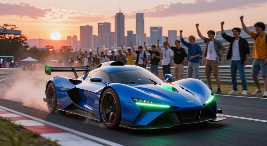 An exhilarating electric vehicle racing scene set on a futuristic racetrack, showcasing sleek, aerodynamic race cars powered by vibrant blue and green electric energy. In the foreground, a high-performance electric car sharply curves around a bend, tires kicking up a plume of dust and debris. The middle ground features a diverse group of spectators in smart casual attire, cheering enthusiastically, their faces full of excitement. The background showcases a dazzling city skyline bathed in sunset hues, with dynamic lighting reflecting off the car's glossy surface. The atmosphere is charged with energy and triumph, suggesting the thrill of victory and competition. The angle is low to the ground, emphasizing the speed and intensity of the race while capturing the vivid colors and dramatic contrasts of the scene.