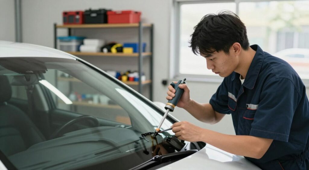 An experienced technician in a professional uniform is seen performing a windshield repair on a modern car parked in a well-lit garage. In the foreground, the technician is focused on using a specialized resin injector tool, carefully applying the resin into a small chip on the windshield. The middle ground features the car with its hood raised, revealing a clean and organized workspace with tools and a UV light for curing the resin. The background shows shelves neatly stocked with repair kits and accessories, while soft, natural light filters through a nearby window, creating a warm and inviting atmosphere. The scene conveys professionalism and attention to detail, emphasizing the meticulous nature of the windshield repair process.