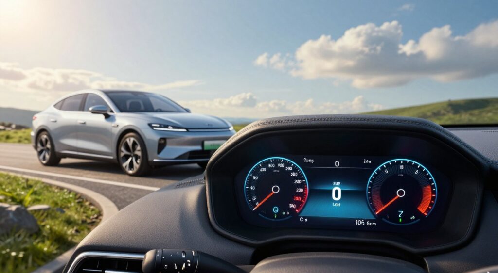 An informative illustration of fuel economy ratings designed for a professional audience. In the foreground, display a sleek digital dashboard featuring an array of colorful gauge displays showcasing fuel efficiency metrics like miles per gallon and eco score ratings. The middle ground should include an elegant, modern fuel-efficient car parked in a scenic environment, perhaps near a winding road or green landscape, symbolizing sustainability. In the background, depict a bright sky with soft, sunlit clouds, creating an optimistic atmosphere. Use high contrast lighting to enhance the visual appeal, striving for a sharp, polished look as if captured with a 50mm lens. Focus on creating an educational yet inviting mood, reflecting the importance of understanding fuel economy. An informative illustration of fuel economy ratings designed for a professional audience. In the foreground, display a sleek digital dashboard featuring an array of colorful gauge displays showcasing fuel efficiency metrics like miles per gallon and eco score ratings. The middle ground should include an elegant, modern fuel-efficient car parked in a scenic environment, perhaps near a winding road or green landscape, symbolizing sustainability. In the background, depict a bright sky with soft, sunlit clouds, creating an optimistic atmosphere. Use high contrast lighting to enhance the visual appeal, striving for a sharp, polished look as if captured with a 50mm lens. Focus on creating an educational yet inviting mood, reflecting the importance of understanding fuel economy.