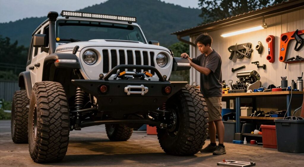 An off-road vehicle customization workshop scene, showcasing a rugged SUV with aggressive modifications. The foreground features the SUV, enhanced with oversized tires, a reinforced chassis, a winch, and LED light bars. In the middle, a mechanic in modest casual clothing is working on the vehicle, adjusting suspension components and inspecting the engine. Tools are scattered on a nearby workbench, and colorful car parts hang on the walls. The background presents a dusky outdoor setting with mountains and trees, hinting at challenging terrain. Warm, ambient lighting casts a focus on the vehicle, creating a thrilling atmosphere that emphasizes adventure and performance. The camera angle is slightly low, highlighting the vehicle's imposing stature against the natural landscape.