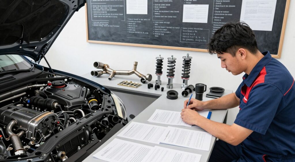 An organized garage workshop scene focused on automobile modifications, highlighting the legal considerations around customizing vehicles. In the foreground, a mechanic in professional attire carefully examines a modified car's engine, with legal documents and guidelines spread out on a the table. In the middle ground, various car parts such as exhaust systems and suspension kits are neatly arranged, symbolizing the customization process. The background features a chalkboard or whiteboard filled with notes about legal regulations and safety standards. Bright, even lighting enhances the clarity of the scene, and a slight overhead angle emphasizes the workspace, creating a focused and informative atmosphere. The mood conveys professionalism and diligence, illustrating the importance of compliance in car modifications.