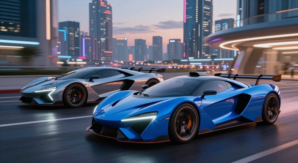 Futuristic sports cars in a sleek, high-tech setting, showcasing bold aerodynamic designs with sharp angles and glowing LED accents. In the foreground, a vibrant, electric blue sports car displays an innovative cockpit and lightweight materials. The middle ground features a second car in a dynamic pose, hinting at speed, with its metallic finish reflecting futuristic city lights. The background presents a futuristic urban landscape with neon lights and towering skyscrapers under a twilight sky, creating a lively yet sophisticated atmosphere. Use dramatic lighting to highlight the curves of the cars, with a wide-angle lens effect for depth. The overall mood is dynamic and exciting, capturing the essence of high-performance vehicles of the future.