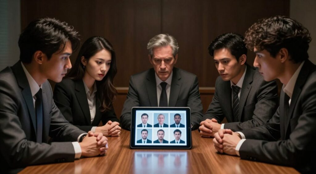 In a dimly lit conference room that exudes a sense of mystery, a diverse group of five individuals is gathered around a polished wooden table. Each person is dressed in professional business attire, displaying subtle expressions of curiosity and intrigue as they attempt to identify unknown individuals shown in a series of photographs displayed on a tablet in the center. The foreground features the tablet, illuminating their focused faces with a soft glow. The middle ground captures the individuals leaning in closer, their body language conveying engagement and collaboration. In the background, shadowy elements hint at a larger, unidentifiable crowd, enhancing the overall atmosphere of collective inquiry. The lighting is soft and dramatic, creating an air of suspense and psychological exploration, perfectly suited for delving into the complexities of group identity. In a dimly lit conference room that exudes a sense of mystery, a diverse group of five individuals is gathered around a polished wooden table. Each person is dressed in professional business attire, displaying subtle expressions of curiosity and intrigue as they attempt to identify unknown individuals shown in a series of photographs displayed on a tablet in the center. The foreground features the tablet, illuminating their focused faces with a soft glow. The middle ground captures the individuals leaning in closer, their body language conveying engagement and collaboration. In the background, shadowy elements hint at a larger, unidentifiable crowd, enhancing the overall atmosphere of collective inquiry. The lighting is soft and dramatic, creating an air of suspense and psychological exploration, perfectly suited for delving into the complexities of group identity.