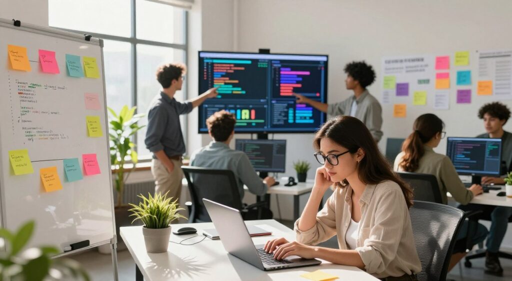 In a vibrant, modern workspace, a diverse group of professionals is collaboratively engaged in coding, showcasing creativity. In the foreground, a young woman with glasses is deep in thought, typing on a laptop, surrounded by colorful sticky notes and code snippets on a whiteboard. In the middle background, a group of individuals brainstorms, pointing at a large screen displaying abstract data visualizations and programming languages in bold, bright colors. The environment is illuminated by warm, natural light streaming through large windows, casting soft shadows that enhance the atmosphere of inspiration and innovation. A sleek, stylish desk setup adds a contemporary touch, while potted plants bring a sense of vitality. The overall mood is dynamic and focused, reflecting the excitement of embracing coding as a powerful tool for unlocking capabilities.