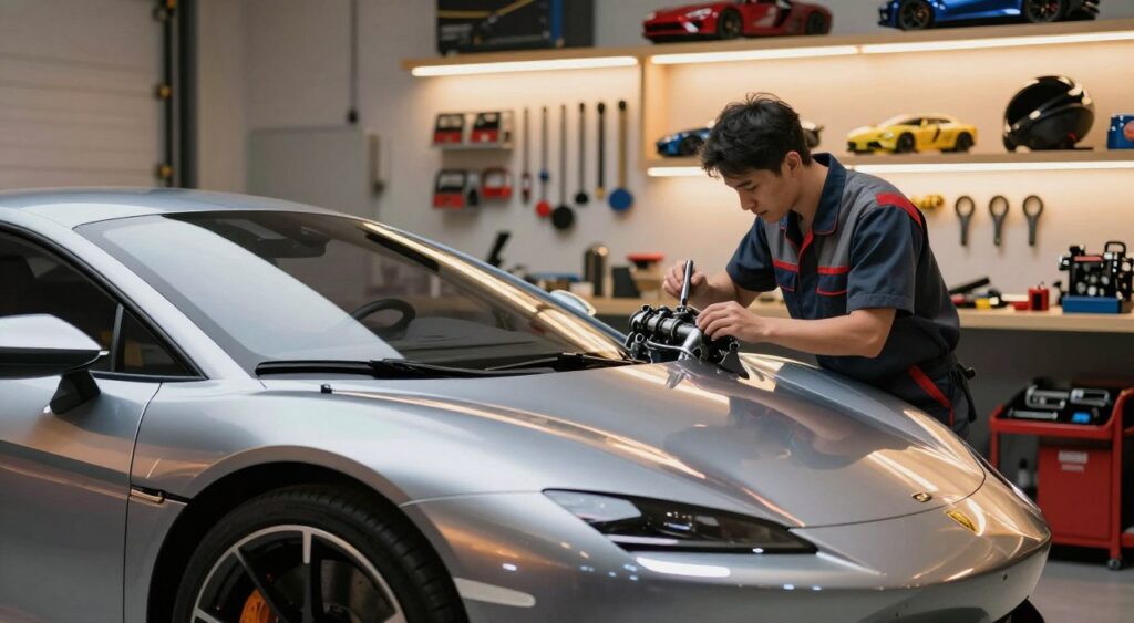 In a well-lit garage setting, a sleek, futuristic star car is positioned prominently in the foreground, showcasing its shimmering metallic paint and aerodynamic design. In the middle ground, a mechanic in professional attire is expertly inspecting the car’s intricate engine, tools neatly arranged around them. In the background, softly illuminated shelves display car maintenance tools and star car accessories, creating an organized and inviting atmosphere. The lighting is warm and inviting, emphasizing the polished surfaces of the car and the focused expressions of the mechanic. The angle captures the car's profile while allowing a clear view of the mechanic's meticulous work, evoking a sense of care and professionalism in star car maintenance.