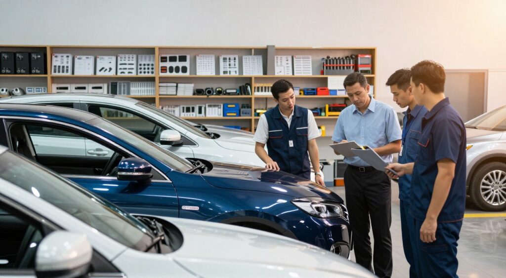 a well-lit automotive workshop scene featuring a diverse group of professionals examining a collection of cars parked in the foreground. Each car showcases a different color and model, with visible safety inspection tags indicating recalls. In the background, shelves filled with car part manuals and tools are organized, providing context to the recall theme. The lighting is bright and focused, highlighting the vehicles and their details, while a soft gradient illuminates the workshop’s corners. The mood conveys urgency and professionalism, emphasizing the importance of car safety. The angle captures both the cars and the experts actively discussing, creating an engaging perspective without any distractions like text or logos.