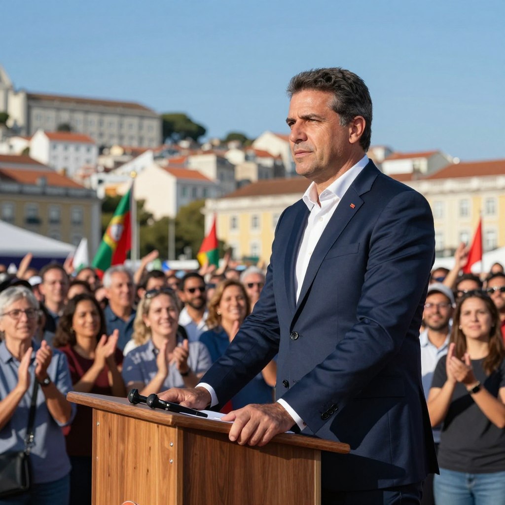 A Portuguese politician standing confidently at a podium, addressing an engaged crowd at a public rally. The foreground features Andre Ventura, dressed in a well-fitted navy suit and a crisp white shirt, with a serious yet charismatic expression, conveying a sense of determination. In the middle ground, the audience is visible, a diverse group of supporters applauding enthusiastically, some holding flags. The background showcases a vibrant cityscape of Lisbon with a clear blue sky, hinting at an energized atmosphere. The lighting is bright, accentuating Ventura's features while softly illuminating the crowd. The image is captured from a slightly low angle, adding to the sense of authority and prominence in the politician's stance. The overall mood is dynamic and hopeful, reflecting a leader garnering support and engagement.