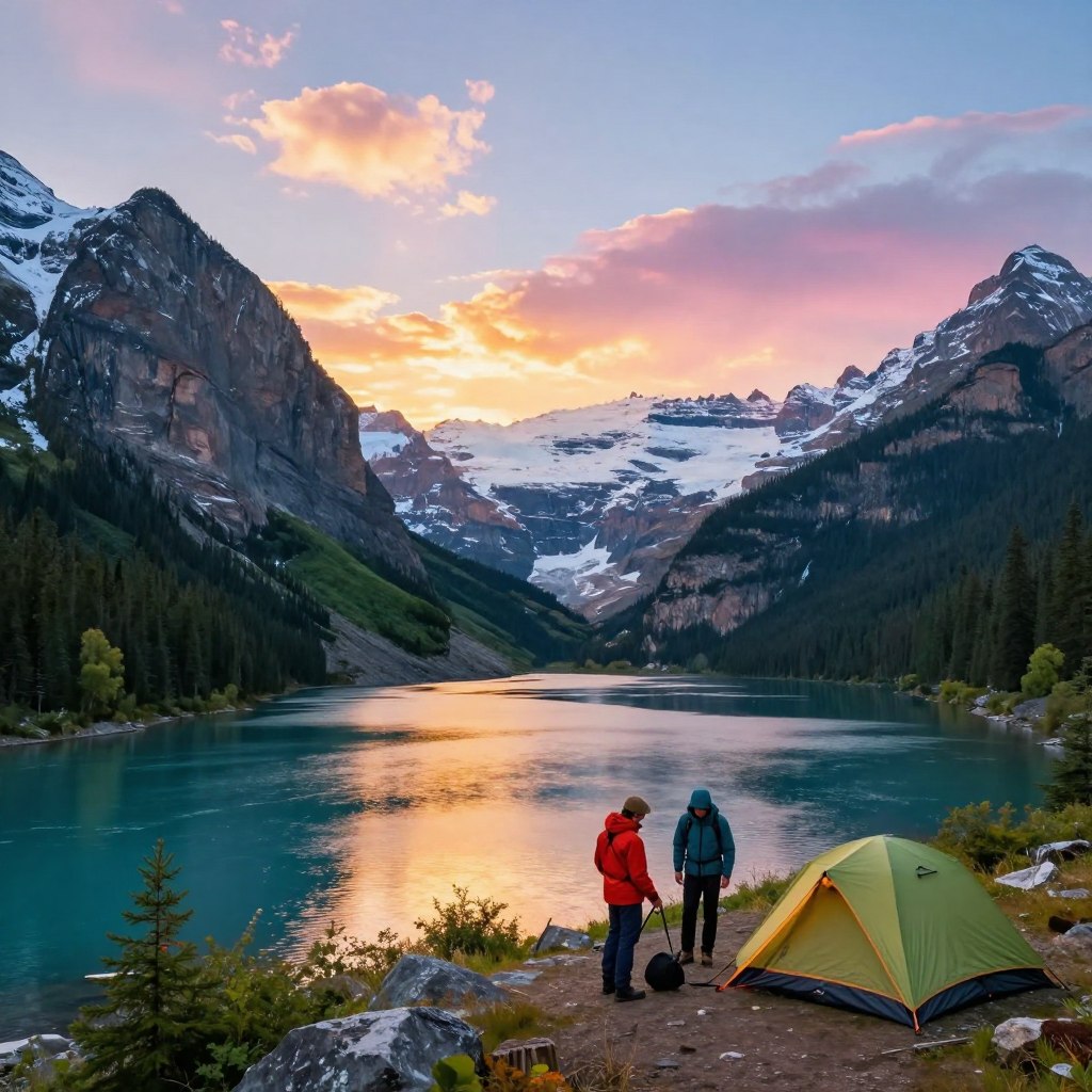 A breathtaking northern landscape showcasing adventure opportunities: In the foreground, a group of three adventurers, dressed in vibrant, professional outdoor gear, is setting up camp beside a shimmering, crystal-clear lake. The midground reveals towering snow-capped mountains, rich green forests, and a winding river reflecting the brilliance of the sky. In the background, a gorgeous sunset casts a warm, golden hue across the horizon, blending with soft pinks and blues, creating a peaceful yet exhilarating mood. The scene captures the spirit of exploration, with crisp, clear lighting emphasizing the hues of nature. Photo taken with a wide-angle lens at a slightly elevated angle, allowing for a panoramic view that immerses the viewer in the breathtaking beauty of northern adventures. A breathtaking northern landscape showcasing adventure opportunities: In the foreground, a group of three adventurers, dressed in vibrant, professional outdoor gear, is setting up camp beside a shimmering, crystal-clear lake. The midground reveals towering snow-capped mountains, rich green forests, and a winding river reflecting the brilliance of the sky. In the background, a gorgeous sunset casts a warm, golden hue across the horizon, blending with soft pinks and blues, creating a peaceful yet exhilarating mood. The scene captures the spirit of exploration, with crisp, clear lighting emphasizing the hues of nature. Photo taken with a wide-angle lens at a slightly elevated angle, allowing for a panoramic view that immerses the viewer in the breathtaking beauty of northern adventures.
