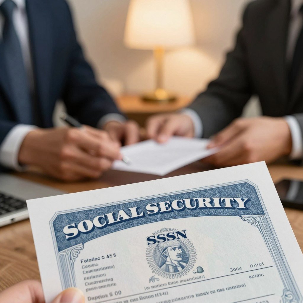 A close-up of a Social Security document displayed prominently in the foreground, showcasing the intricate details of the official seal and sensitive information. In the middle, a pair of professional hands, dressed in business attire, gently holding the document, emphasizing a sense of importance and clarity. The background features a softly blurred home office setting with a warm desk lamp casting a gentle light, creating a cozy, productive atmosphere. The mood is one of efficiency and trust, conveying the message of obtaining an SSN quickly and confidently. The lighting is warm and inviting, emphasizing the legitimacy of the document without distractions. The overall composition should feel organized and focused, reflecting professionalism and reliability. A close-up of a Social Security document displayed prominently in the foreground, showcasing the intricate details of the official seal and sensitive information. In the middle, a pair of professional hands, dressed in business attire, gently holding the document, emphasizing a sense of importance and clarity. The background features a softly blurred home office setting with a warm desk lamp casting a gentle light, creating a cozy, productive atmosphere. The mood is one of efficiency and trust, conveying the message of obtaining an SSN quickly and confidently. The lighting is warm and inviting, emphasizing the legitimacy of the document without distractions. The overall composition should feel organized and focused, reflecting professionalism and reliability.