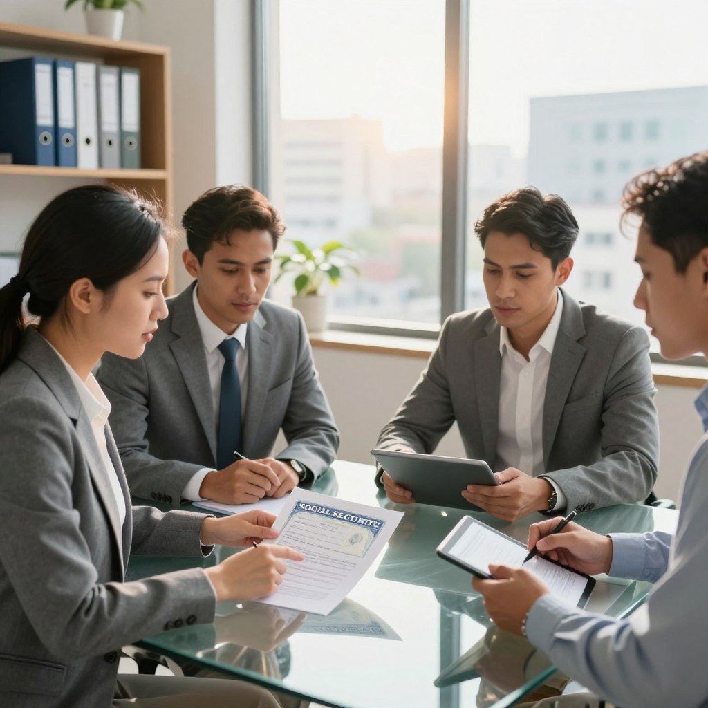 A diverse group of professionals in a modern office setting, engaged in a discussion around obtaining a Social Security Number. In the foreground, a woman of Asian descent in business attire points to a document on a sleek glass table, while a man of Hispanic descent, also in professional wear, takes notes on a tablet. The middle ground features a large window revealing a bright, sunny cityscape, adding an uplifting atmosphere. Soft, natural lighting illuminates the scene, creating a warm and inviting ambiance. The background includes shelves of neatly organized files and a potted plant, enhancing the professional setting. The focus is on collaboration and guidance, emphasizing the theme of accessibility and support for non-U.S. citizens. A diverse group of professionals in a modern office setting, engaged in a discussion around obtaining a Social Security Number. In the foreground, a woman of Asian descent in business attire points to a document on a sleek glass table, while a man of Hispanic descent, also in professional wear, takes notes on a tablet. The middle ground features a large window revealing a bright, sunny cityscape, adding an uplifting atmosphere. Soft, natural lighting illuminates the scene, creating a warm and inviting ambiance. The background includes shelves of neatly organized files and a potted plant, enhancing the professional setting. The focus is on collaboration and guidance, emphasizing the theme of accessibility and support for non-U.S. citizens.