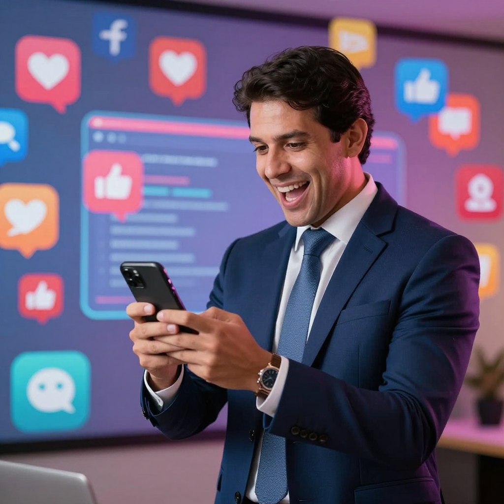 A dynamic portrayal of Andre Ventura engaging with his social media audience. In the foreground, a business professional resembling Ventura stands confidently, dressed in smart business attire, holding a smartphone and displaying an enthusiastic expression. The background features a vibrant digital landscape filled with social media icons and notifications, symbolizing his active online presence. Soft, engaging lighting accentuates his features, giving the image an inviting feel. The middle ground includes a subtle array of digital graphics representing interaction and communication, such as likes, shares, and comments floating around him, creating a sense of movement and connection. The overall atmosphere is energetic and modern, capturing the essence of a contemporary media environment. The composition is focused, framed at a slight angle to enhance depth and engagement.