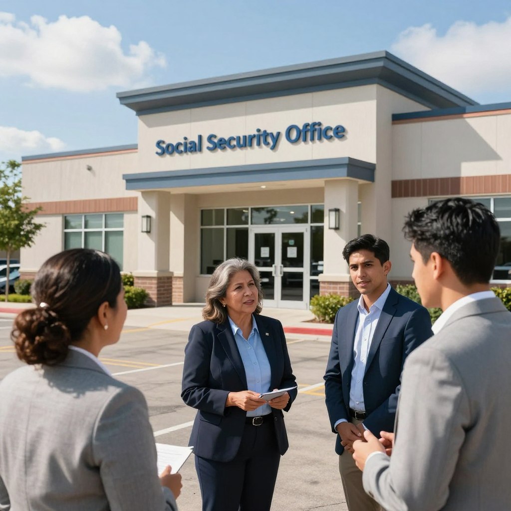 A modern Social Security Office in Laredo, TX, featuring a clean, welcoming exterior with a prominent entrance. In the foreground, there are diverse individuals, including a middle-aged Hispanic woman and a young man, both dressed in professional business attire. They are engaged in conversation, conveying a sense of inquiry and support. The middle ground shows a well-maintained parking lot and landscaped greenery, while the background highlights a bright, blue sky with a few soft clouds, emphasizing a sunny day. The lighting is natural, casting soft shadows and enhancing the inviting atmosphere. The image captures the essence of a community support hub, fostering a sense of assistance and accessibility.
