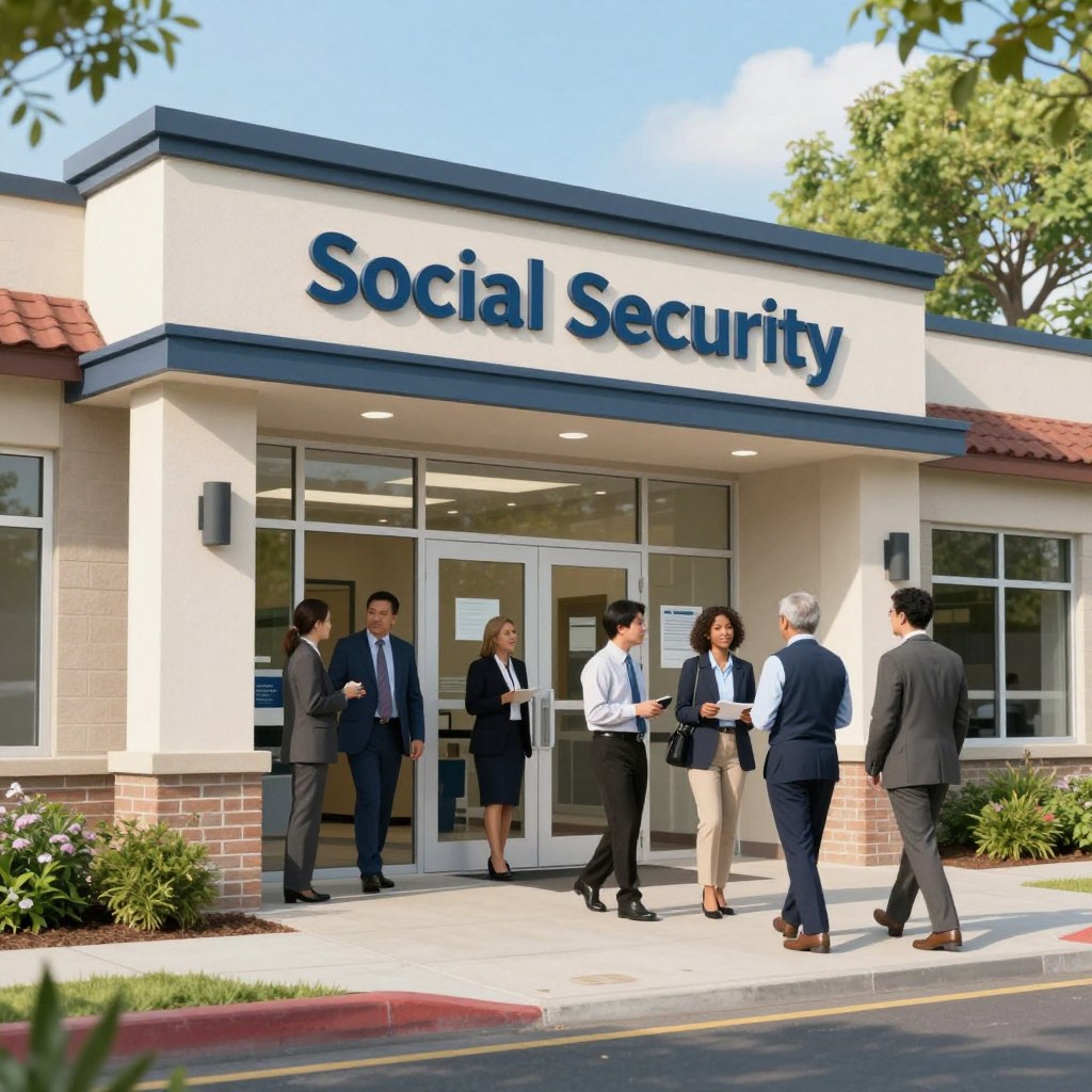 A modern Social Security office exterior, depicted in the foreground, showcasing a professional building with a welcoming entrance. The middle ground features individuals of diverse backgrounds dressed in professional business attire, engaged in discussions or walking towards the entrance, illustrating the idea of community and access. In the background, lush greenery and a clear blue sky enhance the inviting atmosphere, symbolizing hope and solutions to challenges. The scene is illuminated by soft, natural daylight, creating a warm and approachable feel. Capture the composition with a wide-angle lens to emphasize the office within its community setting, evoking a sense of accessibility and support for those seeking social security services.