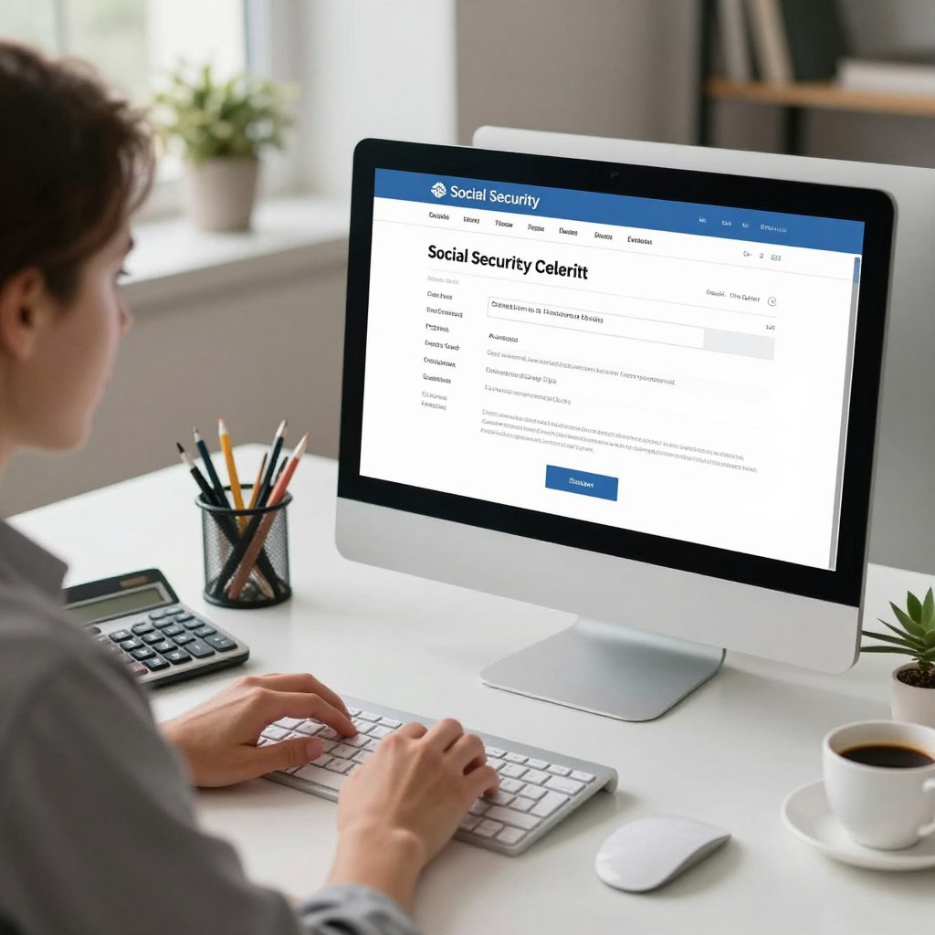 A modern workspace featuring a computer screen displaying a social security online application form. In the foreground, a professional person in business attire, focused and attentive, is working on the form, their hands on the keyboard. The middle ground showcases a clean desk with stationery, a calculator, and a cup of coffee, suggesting an organized environment. The background includes soft, diffused lighting illuminating the room, with potted plants and a bookshelf, creating a calm and productive atmosphere. The overall mood is serious yet approachable, conveying the importance of the assessment process in requesting social security benefits. The scene should be well-composed with a shallow depth of field, emphasizing the application process.