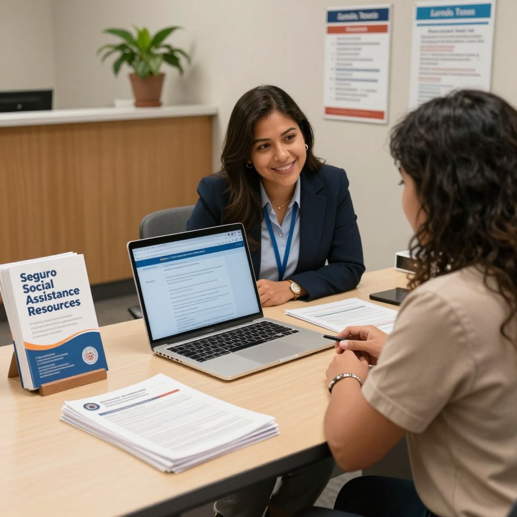 A professional office setting in Laredo, Texas, filled with resources for social assistance. In the foreground, a well-organized desk with a stack of brochures titled "Seguro Social Assistance Resources," a laptop open to a website, and helpful documents neatly arranged. In the middle, a friendly, Hispanic woman in professional attire is showing another individual, dressed in modest clothing, how to navigate the resources on the laptop. The background features a welcoming reception area with plants and informational posters about community services. Soft, natural lighting casts a warm glow, creating an atmosphere of support and accessibility. The angle is slightly from above, capturing the interaction and the resources clearly, ensuring a professional and inviting mood.