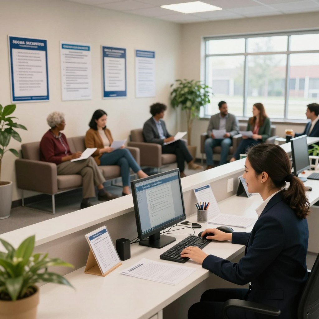 A professional setting inside a social security office, showcasing a well-organized appointment scheduling area. In the foreground, a friendly receptionist sits at a sleek desk, wearing business attire, using a computer and interacting with patrons. In the middle ground, a waiting area with comfortable chairs is filled with individuals of various ages and ethnicities, each engaged in conversation or reviewing documents. The background features informational posters about social security benefits on the walls, and potted plants adding a touch of warmth. Soft, natural lighting filters through large windows, creating a welcoming atmosphere. The camera angle is slightly elevated, capturing the vibrancy of the office while maintaining a focus on the scheduling process.