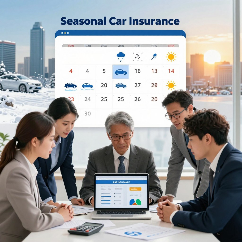A seasonal car insurance theme set in an informative yet visually engaging style. In the foreground, a diverse group of three individuals in professional attire is gathered around a laptop displaying car insurance statistics, with documents and calculators scattered nearby. The middle ground features a seasonal calendar highlighting different months, each illustrated with a vehicle and icons representing various seasonal risks like snow, rain, and sun. In the background, a cityscape transitions from a snowy winter scene to a sunny summer day. The lighting is bright and natural, emphasizing clarity and focus. The mood is analytical and proactive, inviting viewers to consider the impact of changing seasons on car insurance costs. A seasonal car insurance theme set in an informative yet visually engaging style. In the foreground, a diverse group of three individuals in professional attire is gathered around a laptop displaying car insurance statistics, with documents and calculators scattered nearby. The middle ground features a seasonal calendar highlighting different months, each illustrated with a vehicle and icons representing various seasonal risks like snow, rain, and sun. In the background, a cityscape transitions from a snowy winter scene to a sunny summer day. The lighting is bright and natural, emphasizing clarity and focus. The mood is analytical and proactive, inviting viewers to consider the impact of changing seasons on car insurance costs.